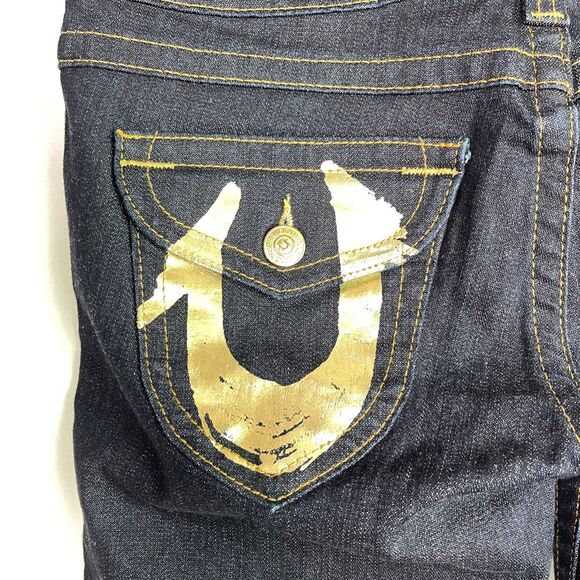 True Religion Blue Dark Wash Metallic Painted Horseshoe Flap Pockets Jeans Sz 31 - Picture 8 of 13